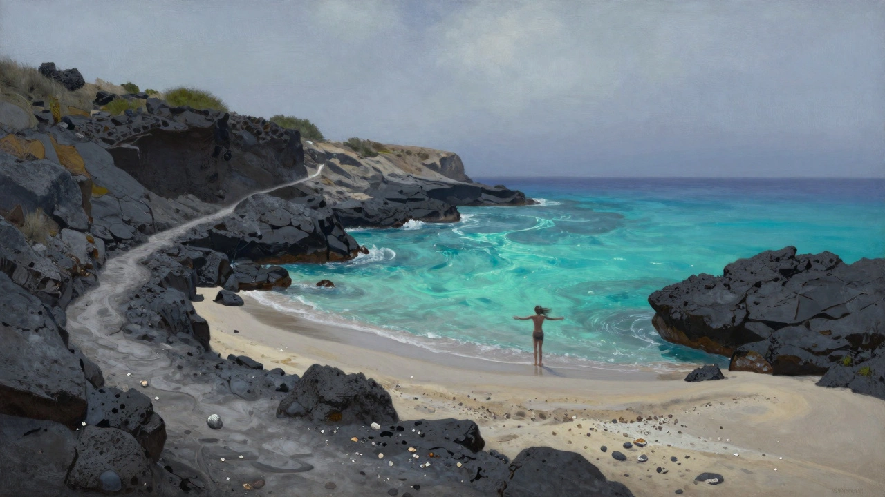 Скрытый пляж Плакида на Крите с неоново-бирюзовой водой и каменистым берегом, никого нет.