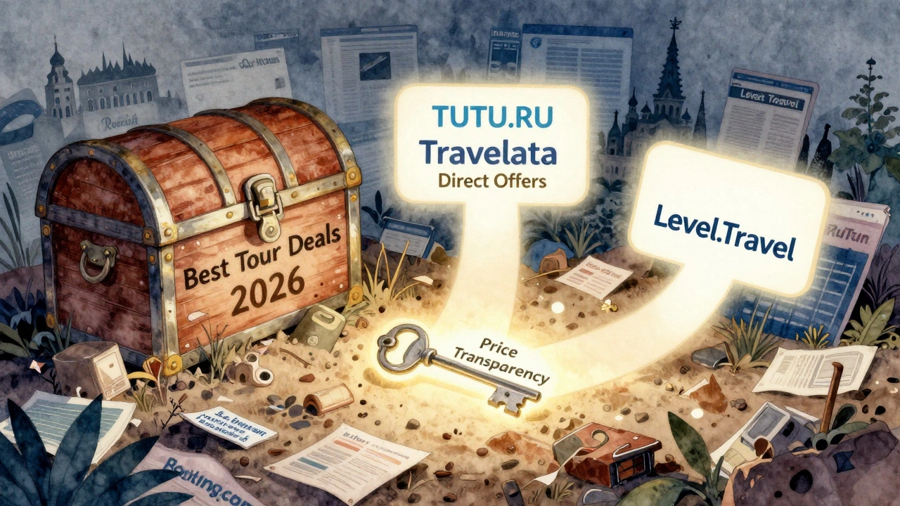 Сокровище с лучами света под слоями сайтов-агрегаторов, а три чистых пути ведут к TUTU.RU, Travelata и Level.Travel.
