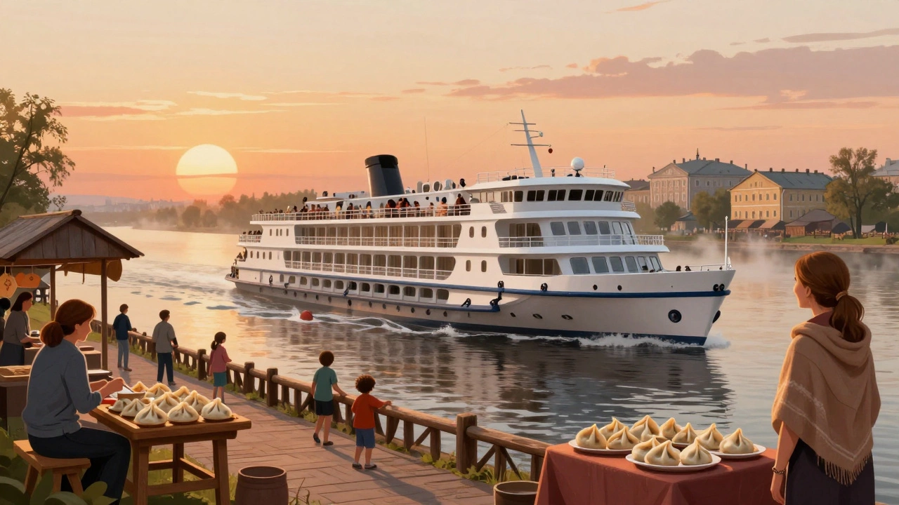 Современный речной теплоход проходит мимо живого речного берега, где местные продают пирожки, а дети играют у старых причалов.