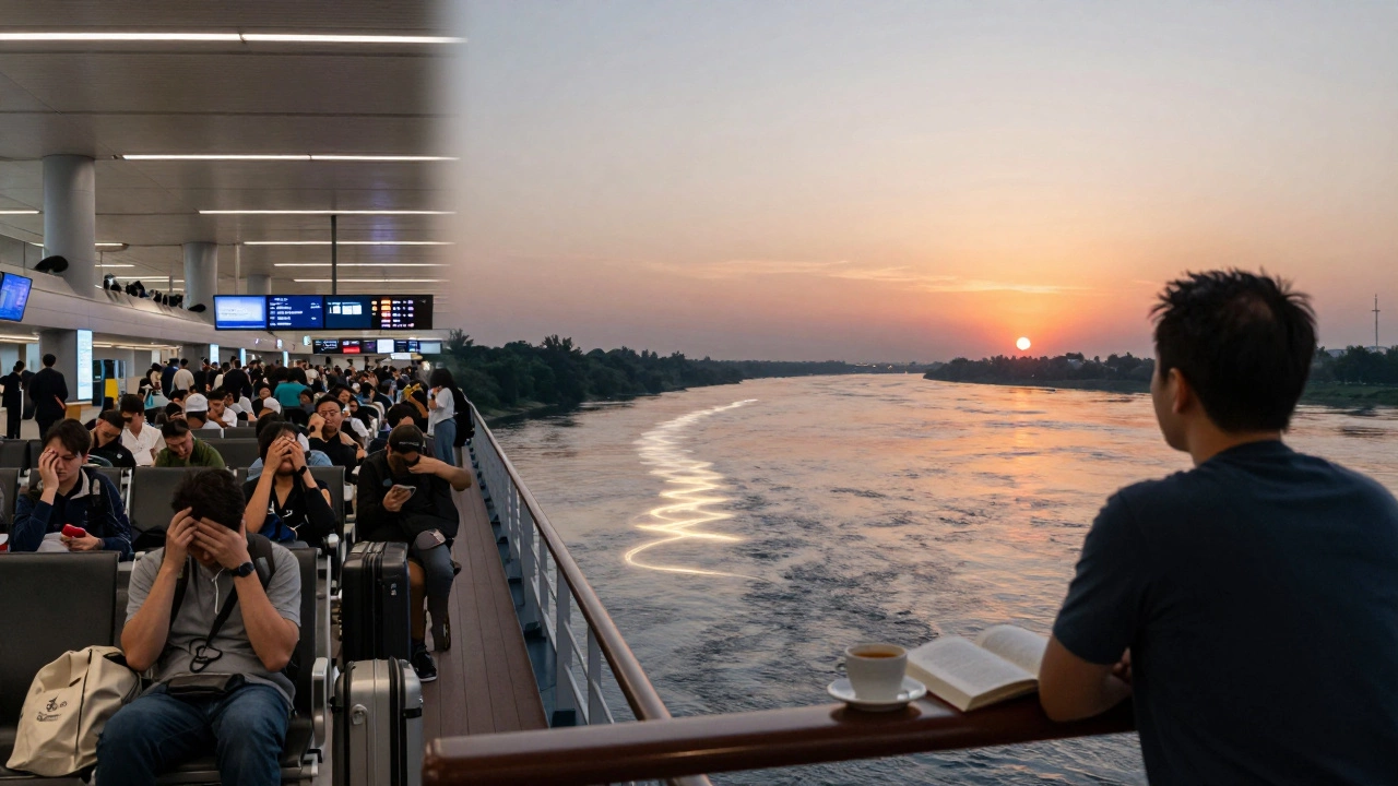 Сравнение: загруженный аэропорт слева и спокойная река справа — символ перехода от стресса к внутреннему покою.