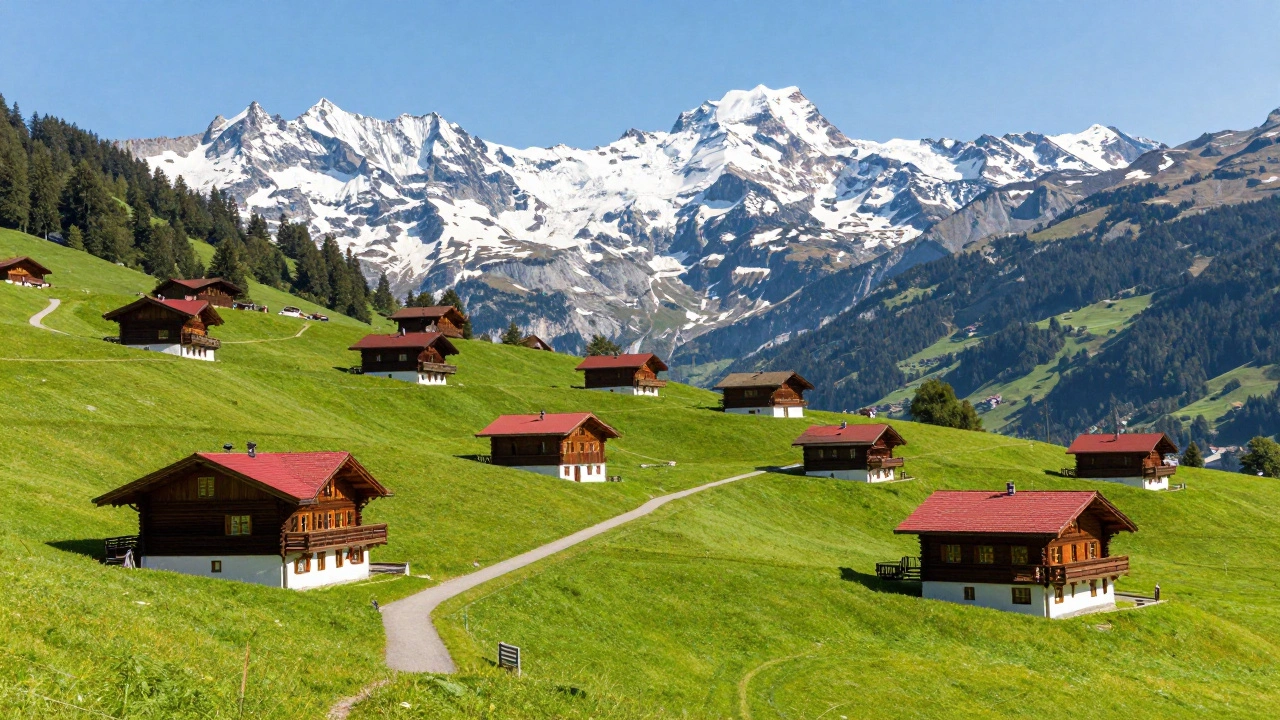 Швейцарские Альпы: зеленые луга, снежные пики и аккуратные хижины.