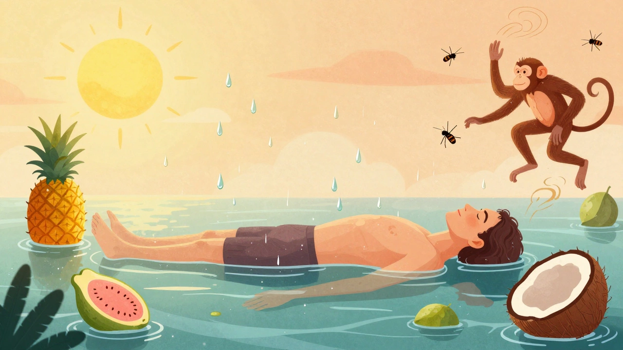 Тело в тропической влажности, окруженное фруктами, дождем и звуками леса — символ физиологической перезагрузки.