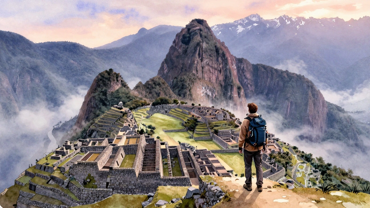 Закат над Мачу-Пикчу, древний город из камня виднеется в тумане среди андских гор, путешественник стоит на вершине.