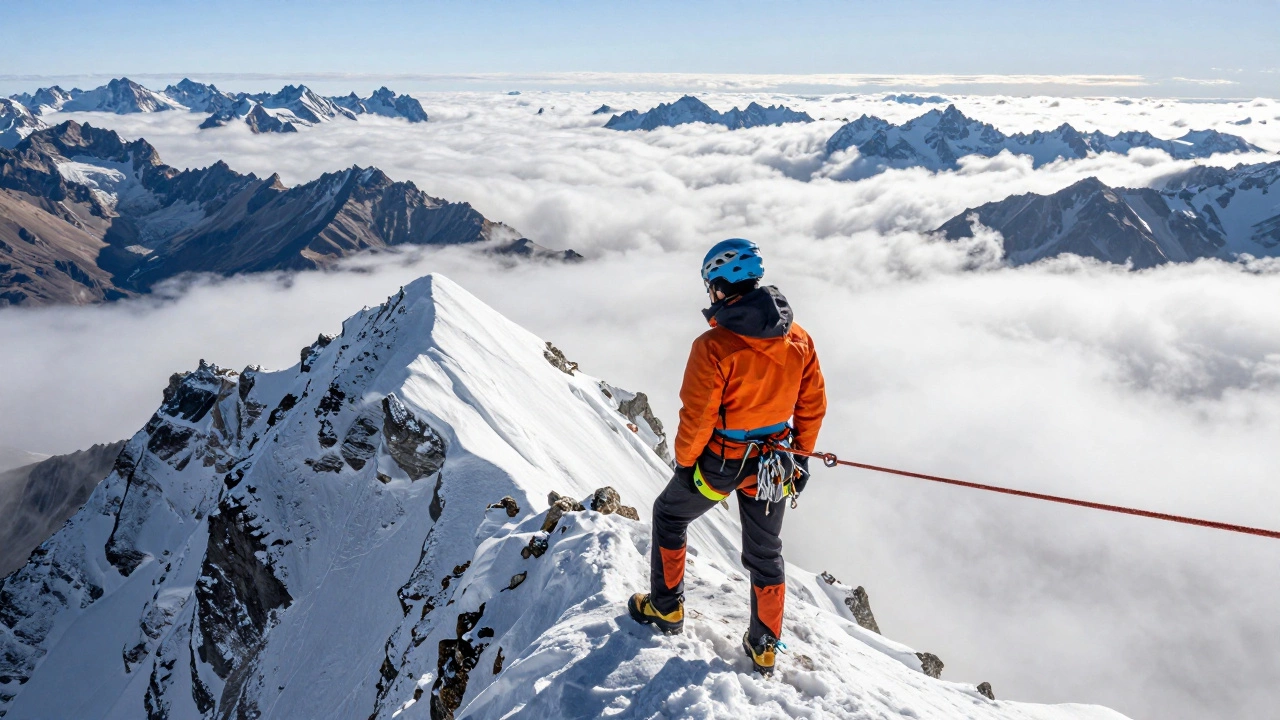 Альпинист в ярком снаряжении на вершине заснеженного горного пика