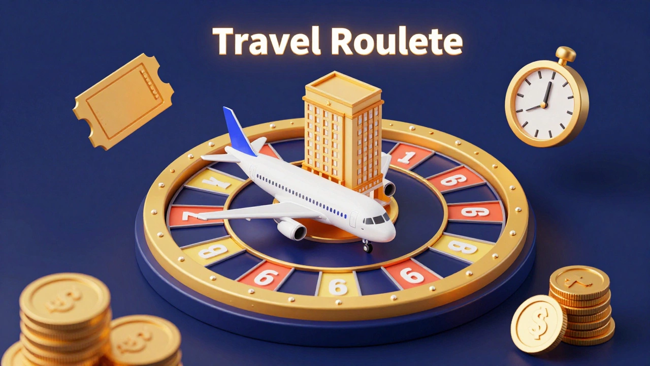 Концептуальное изображение рулетки с самолетом и отелем, символизирующее поиск горящих туров