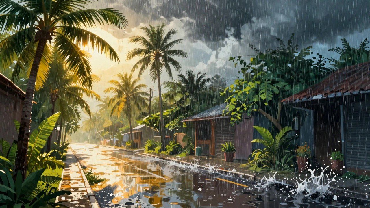 Контраст между палящим солнцем и внезапным тропическим ливнем на улице