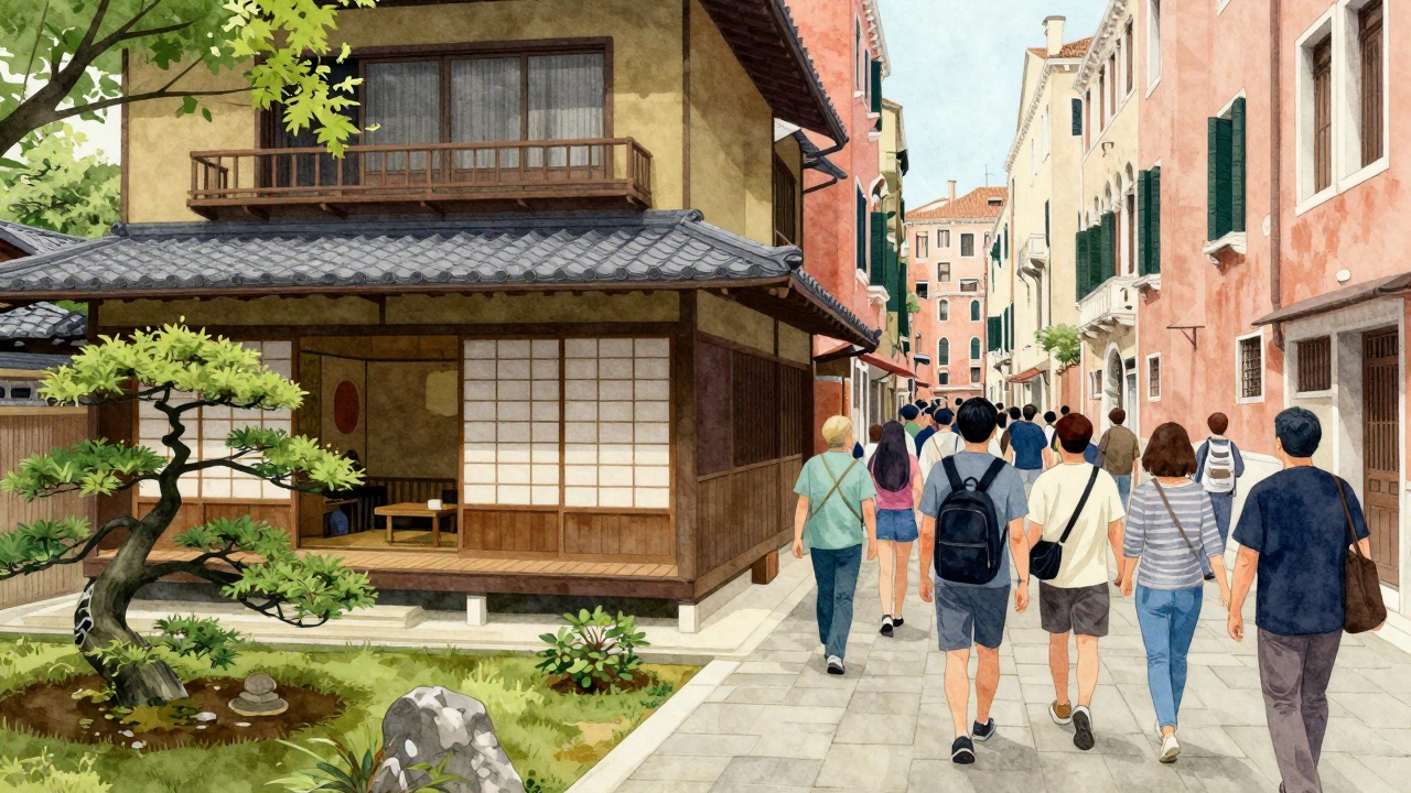 Контраст между спокойным японским рёканом и многолюдными улицами Венеции