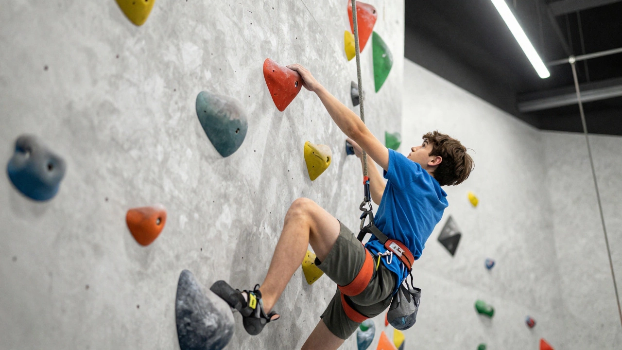 Подросток занимается спортивным скалолазанием на специальном стенде