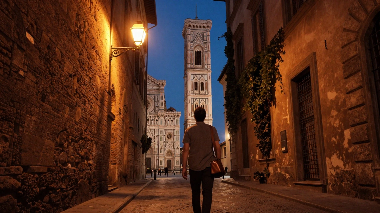 Путешественник на старинной европейской улочке на фоне величественного собора