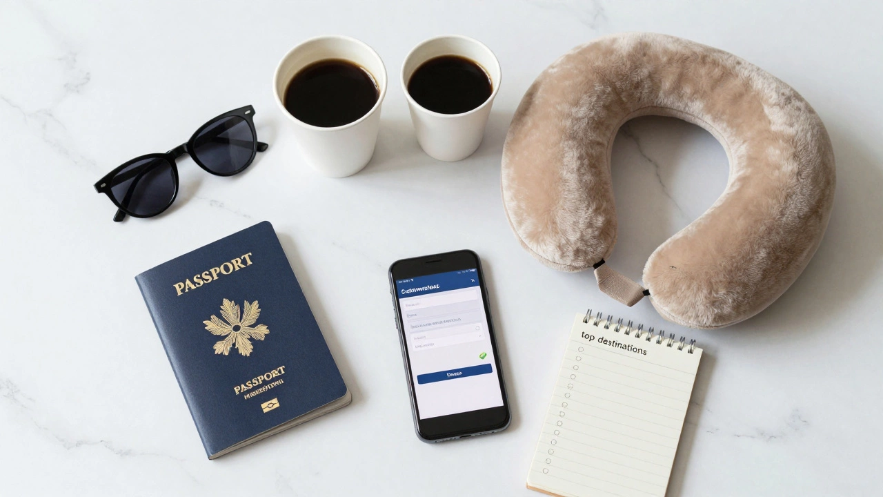 Раскладка с паспортом, очками и смартфоном, подтверждающим бронирование поездки
