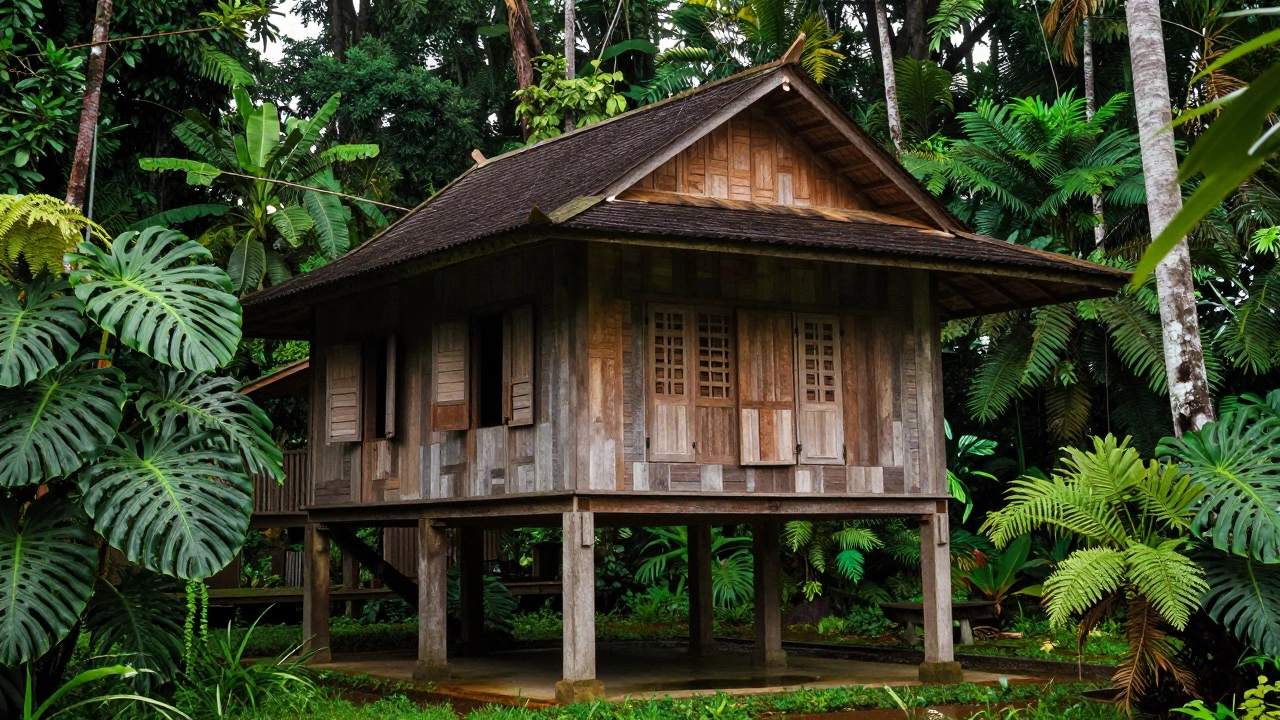 Традиционный тропический дом на сваях в окружении густых зеленых джунглей
