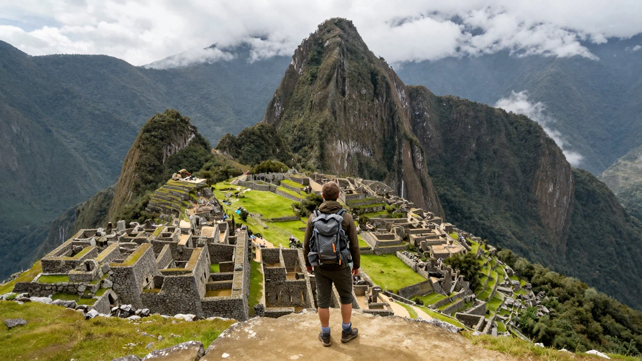 Вид на древний город Мачу-Пикчу в горах Перу в облачном тумане