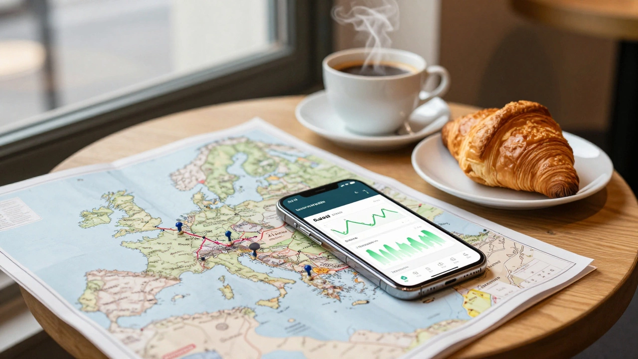 Карта Европы, смартфон с приложением и кофе на столе путешественника
