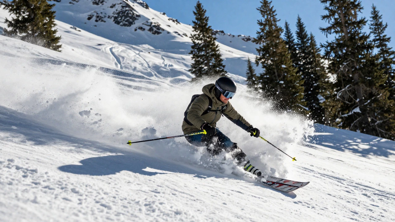 Лыжник катается по глубокому снегу в крутой зоне Blackcomb Bowl