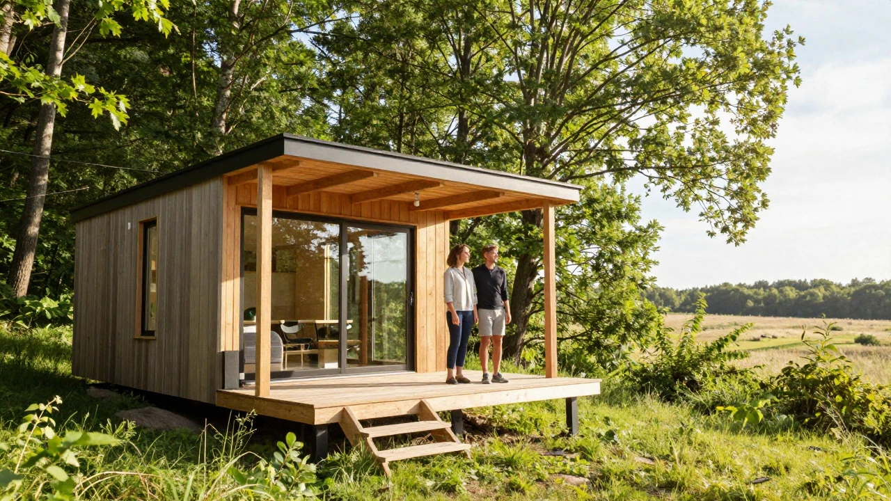 Modern eco-cottage situated safely on the edge of a national park with a couple on the deck