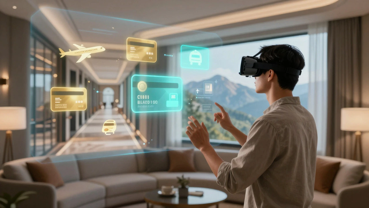 Турист в VR-очках осматривает виртуальный отель и горы